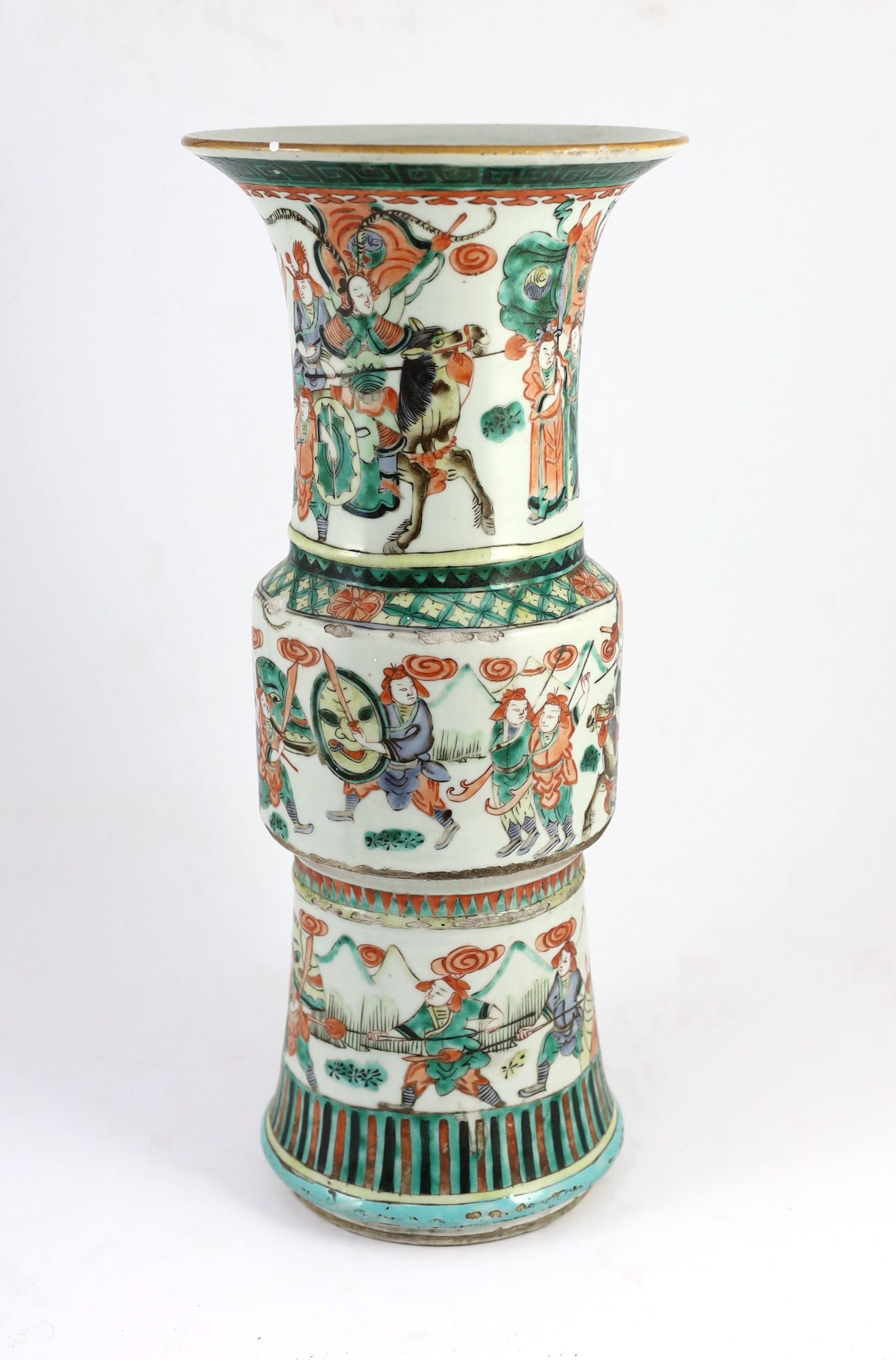 A Chinese famille verte beaker vase, gu, 19th century, 45cm high, glaze losses and damage to base